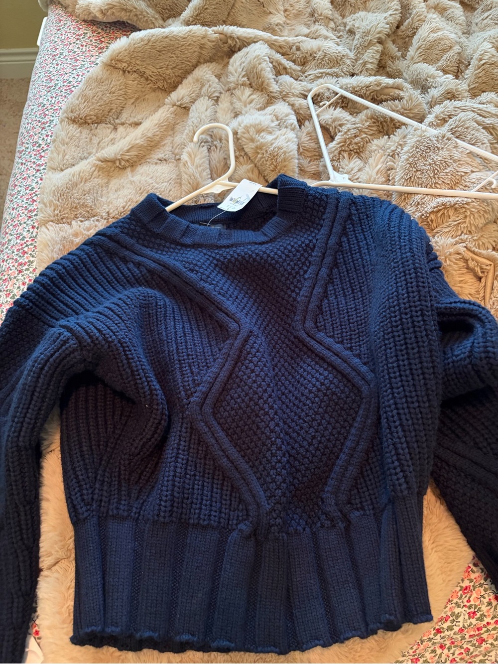 Textured Navy Crewneck Sweater for Women